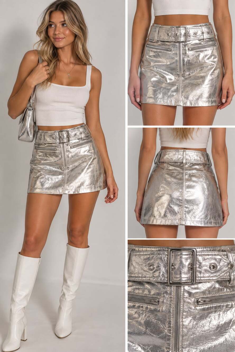 Mango 308 Lauren Metallic Faux Leather Belted Mini Skirt Silver